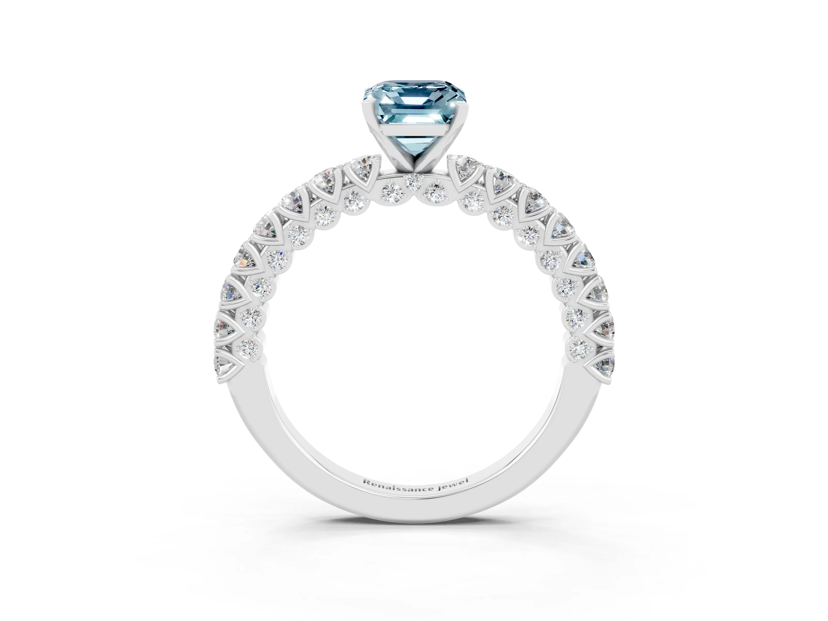 White gold Emerald Cut Diamond Pavé Band Solitaire Ring with Prong Setting_3
