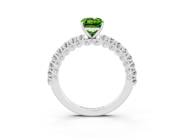 Silver Emerald Cut Diamond Pavé Band Solitaire Ring with Prong Setting