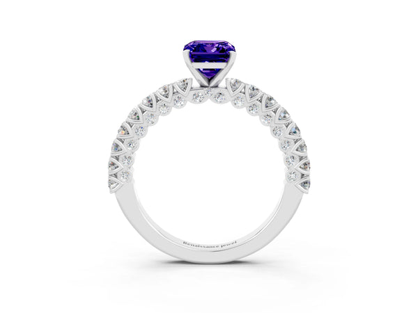 Silver Emerald Cut Diamond Pavé Band Solitaire Ring with Prong Setting