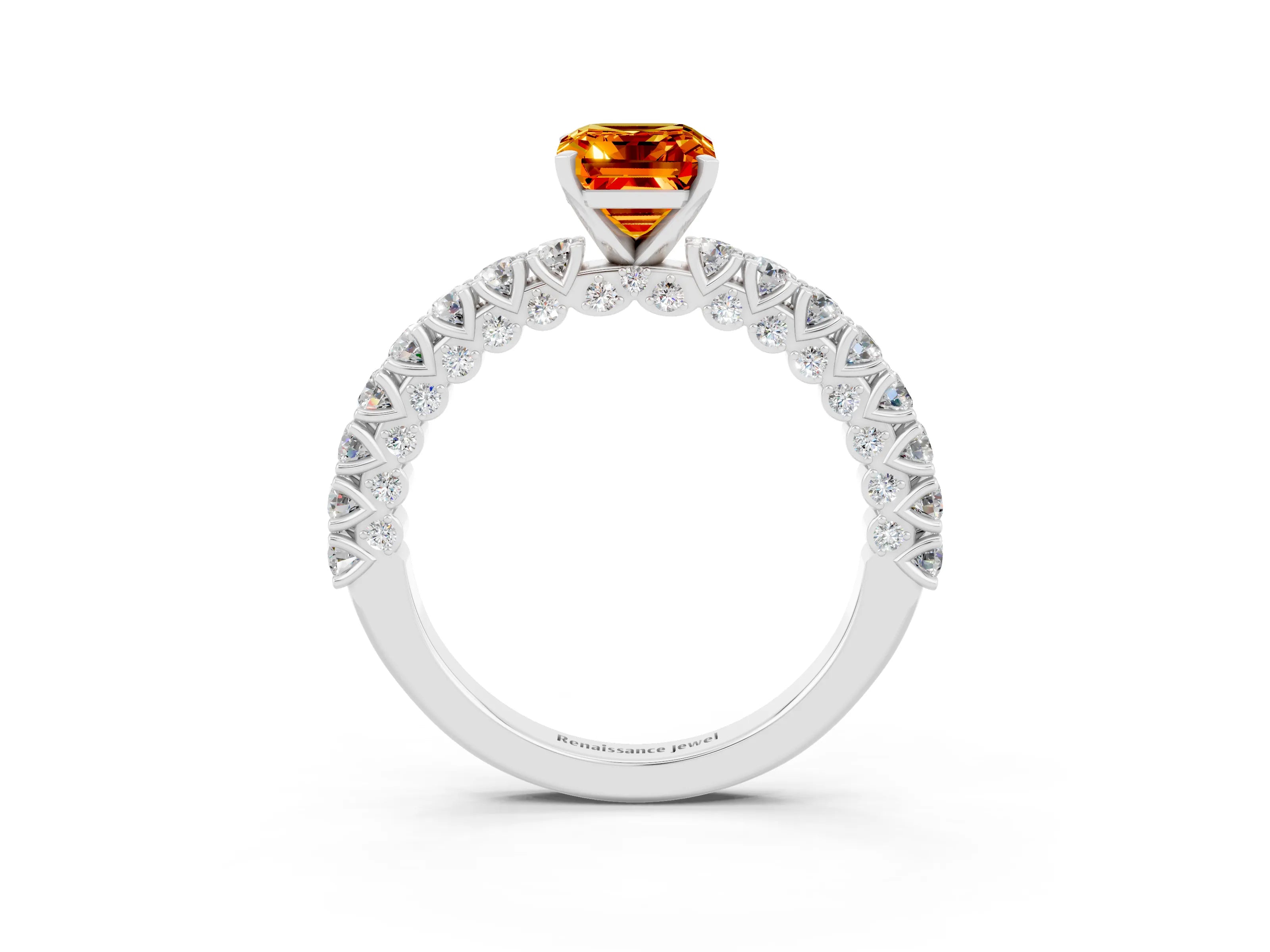 White gold Emerald Cut Diamond Pavé Band Solitaire Ring with Prong Setting_3