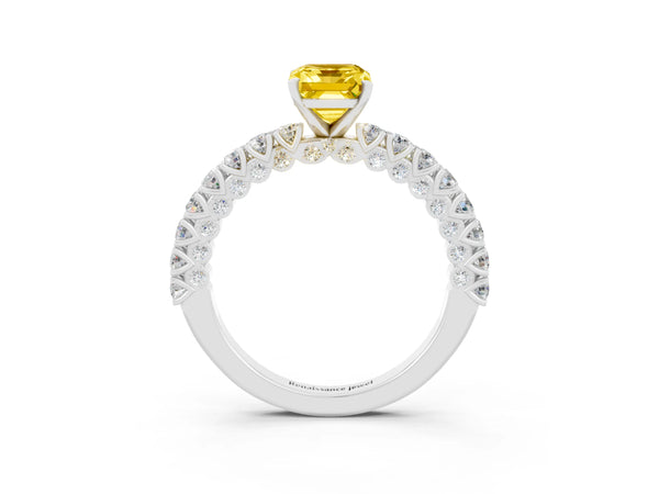 Platinum Emerald Cut Diamond Pavé Band Solitaire Ring with Prong Setting