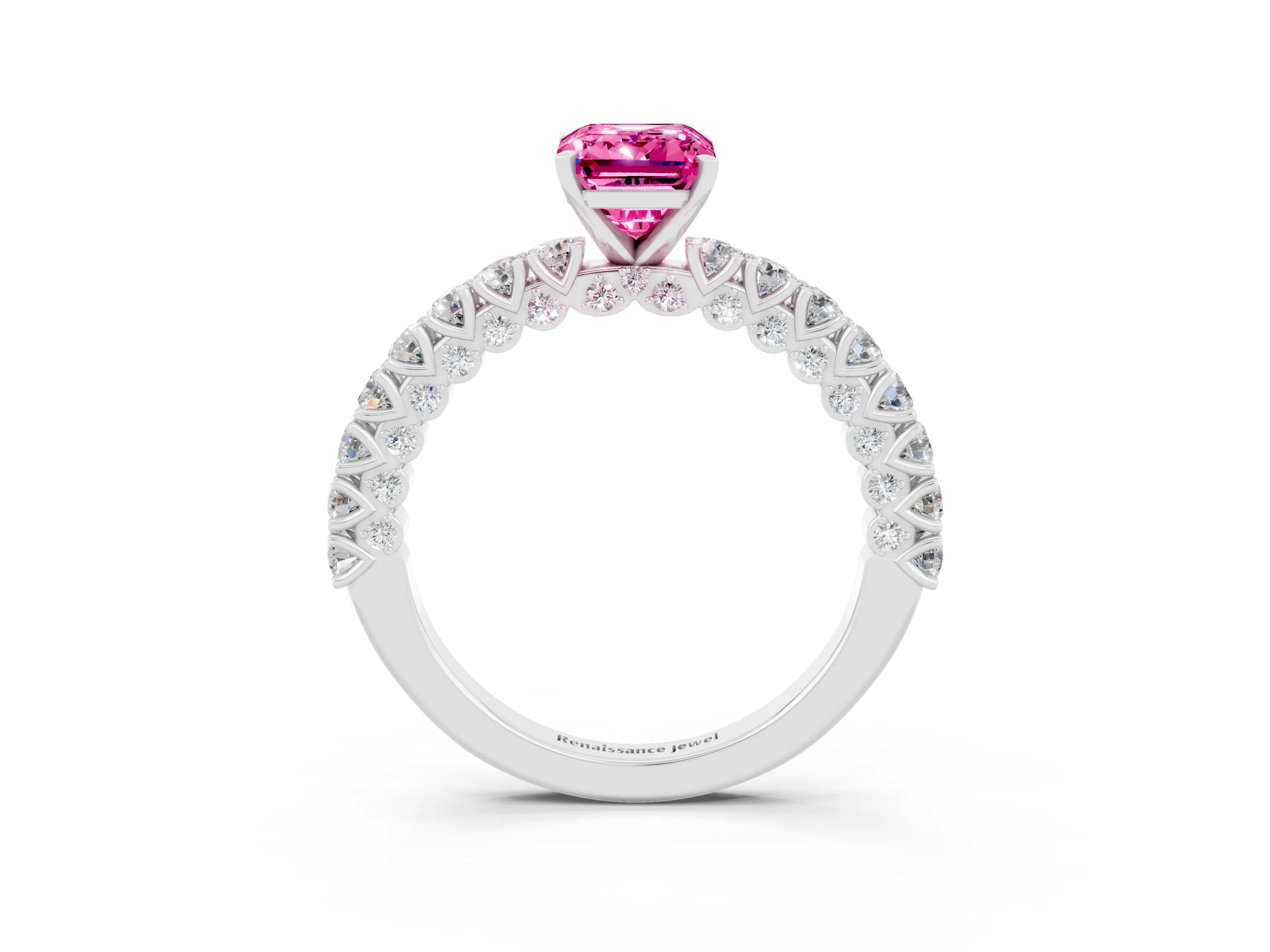 White gold Emerald Cut Diamond Pavé Band Solitaire Ring with Prong Setting_3