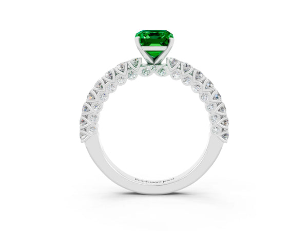 White gold Emerald Cut Diamond Pavé Band Solitaire Ring with Prong Setting
