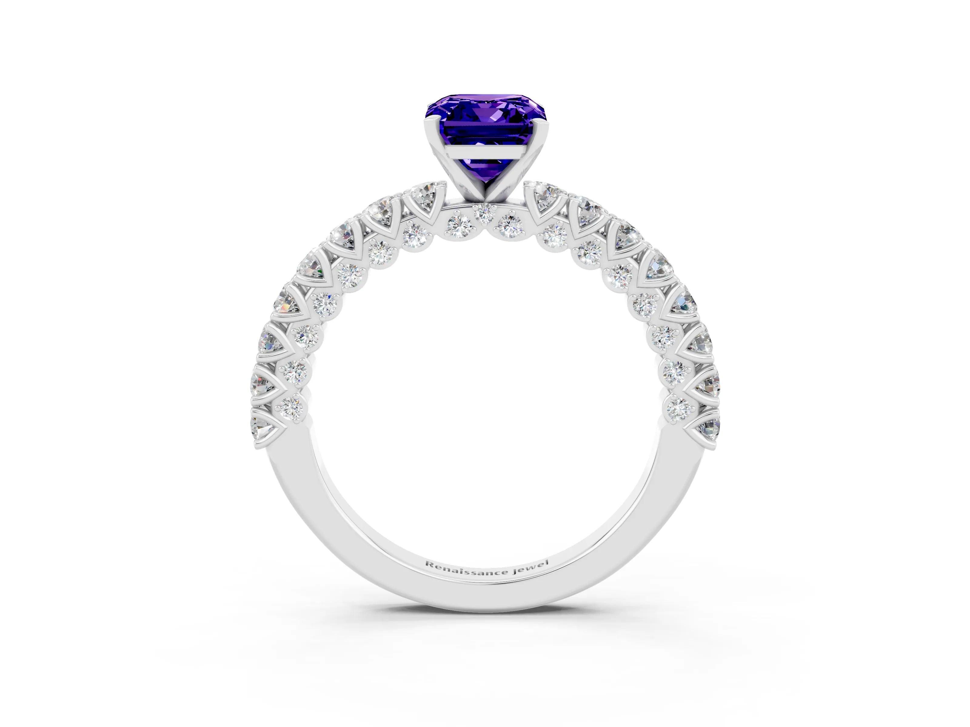 White gold Emerald Cut Diamond Pavé Band Solitaire Ring with Prong Setting_3