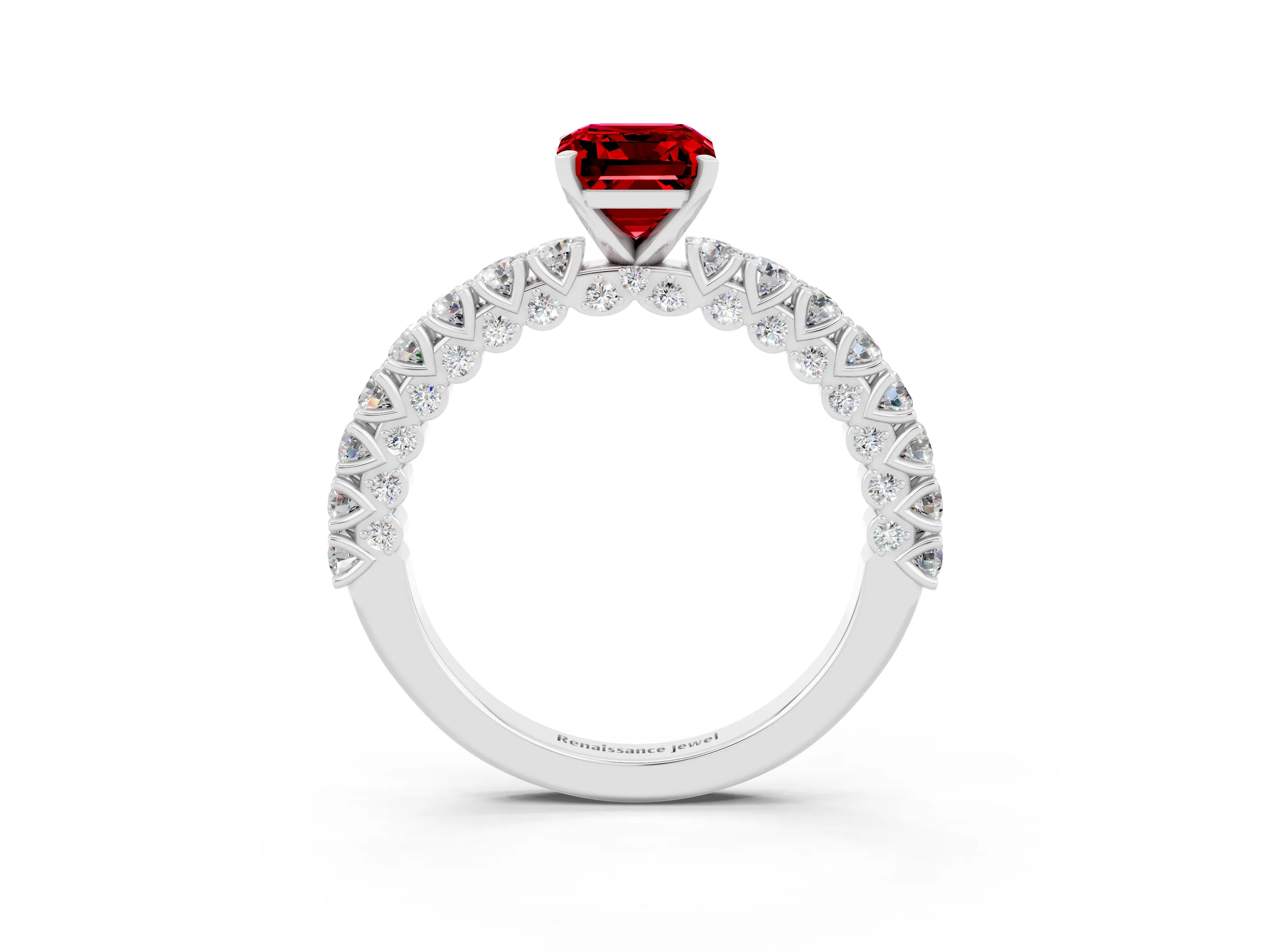 White gold Emerald Cut Diamond Pavé Band Solitaire Ring with Prong Setting_3