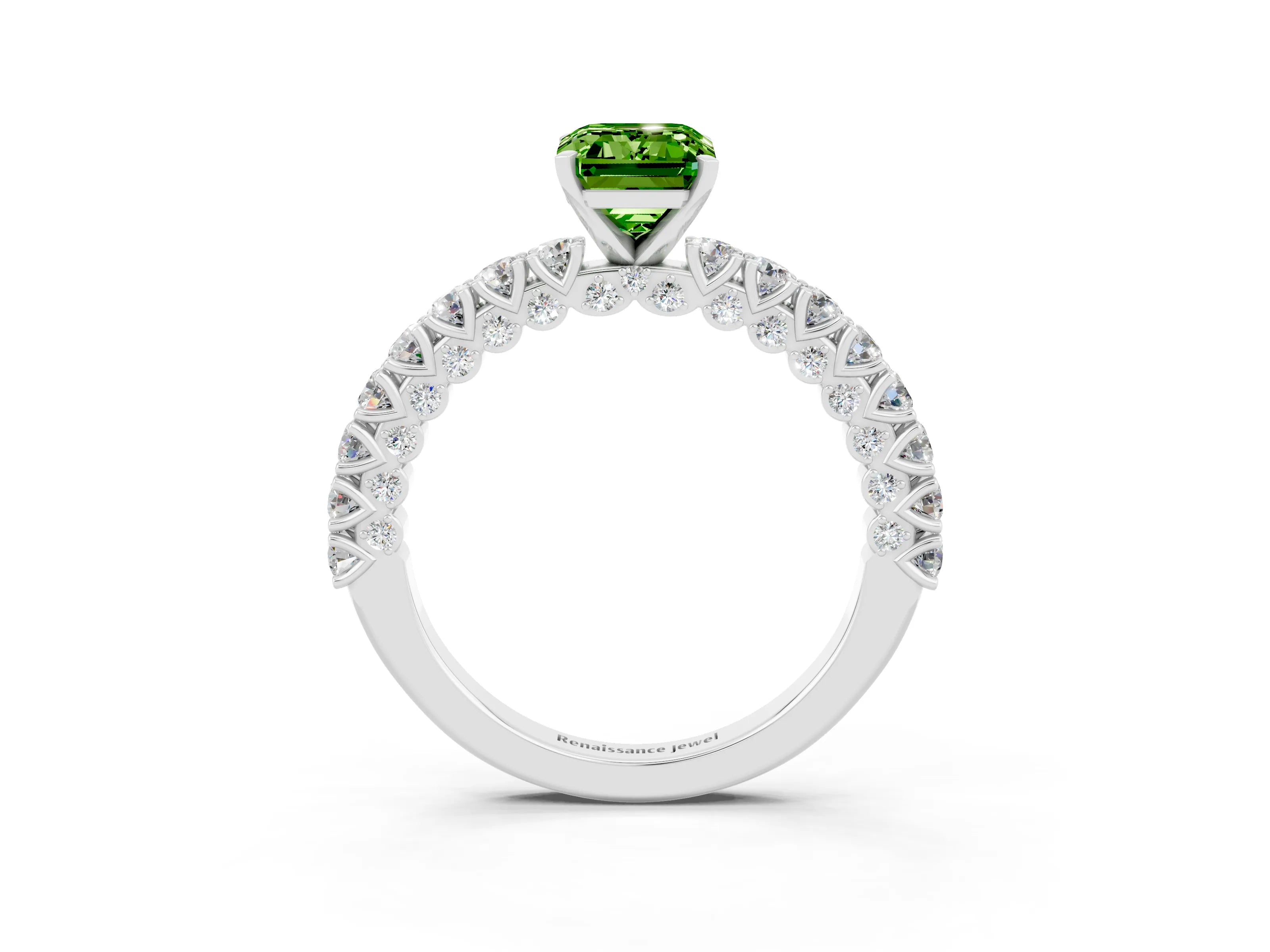 White gold Emerald Cut Diamond Pavé Band Solitaire Ring with Prong Setting_3