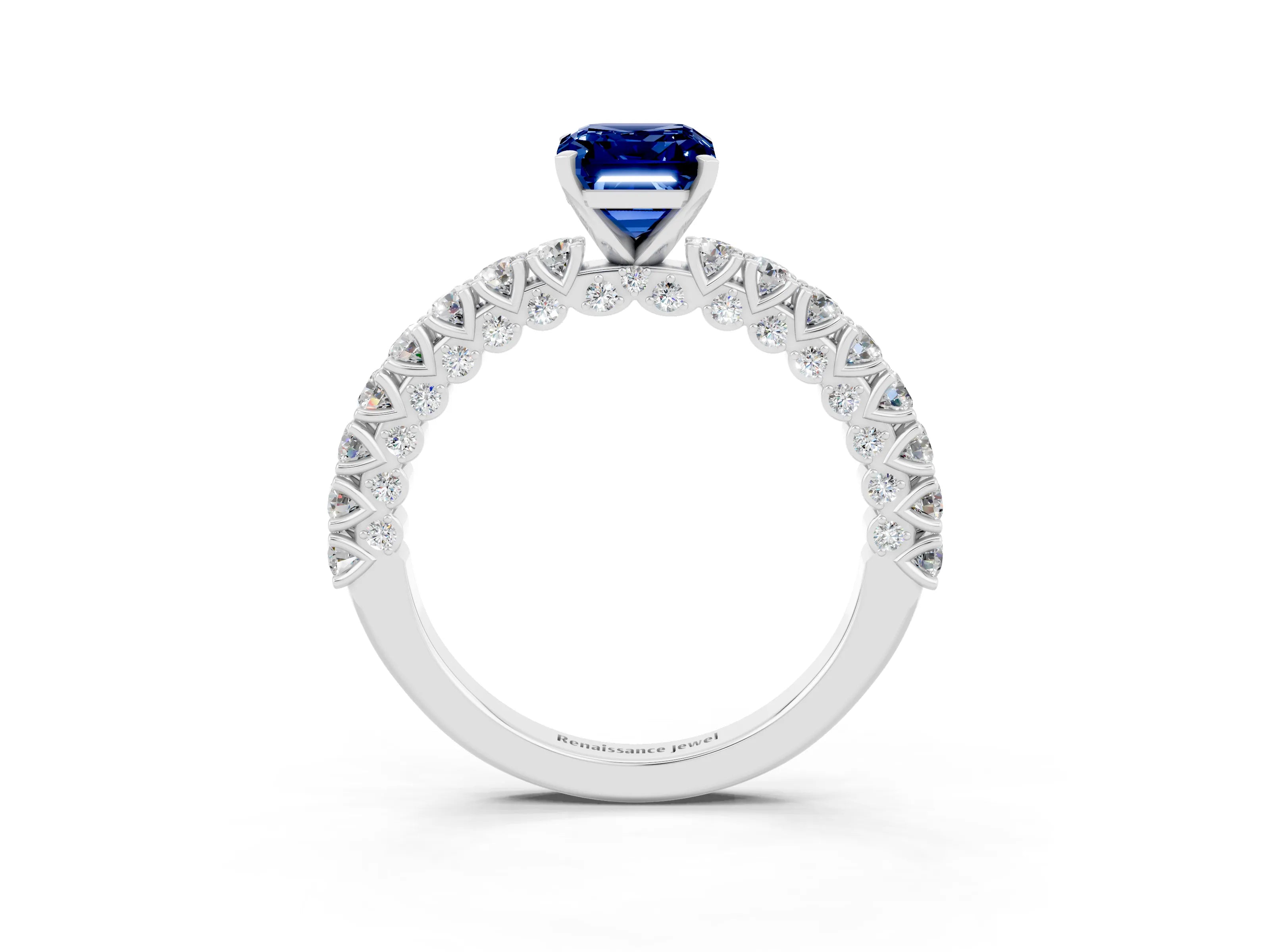 White gold Emerald Cut Diamond Pavé Band Solitaire Ring with Prong Setting_3