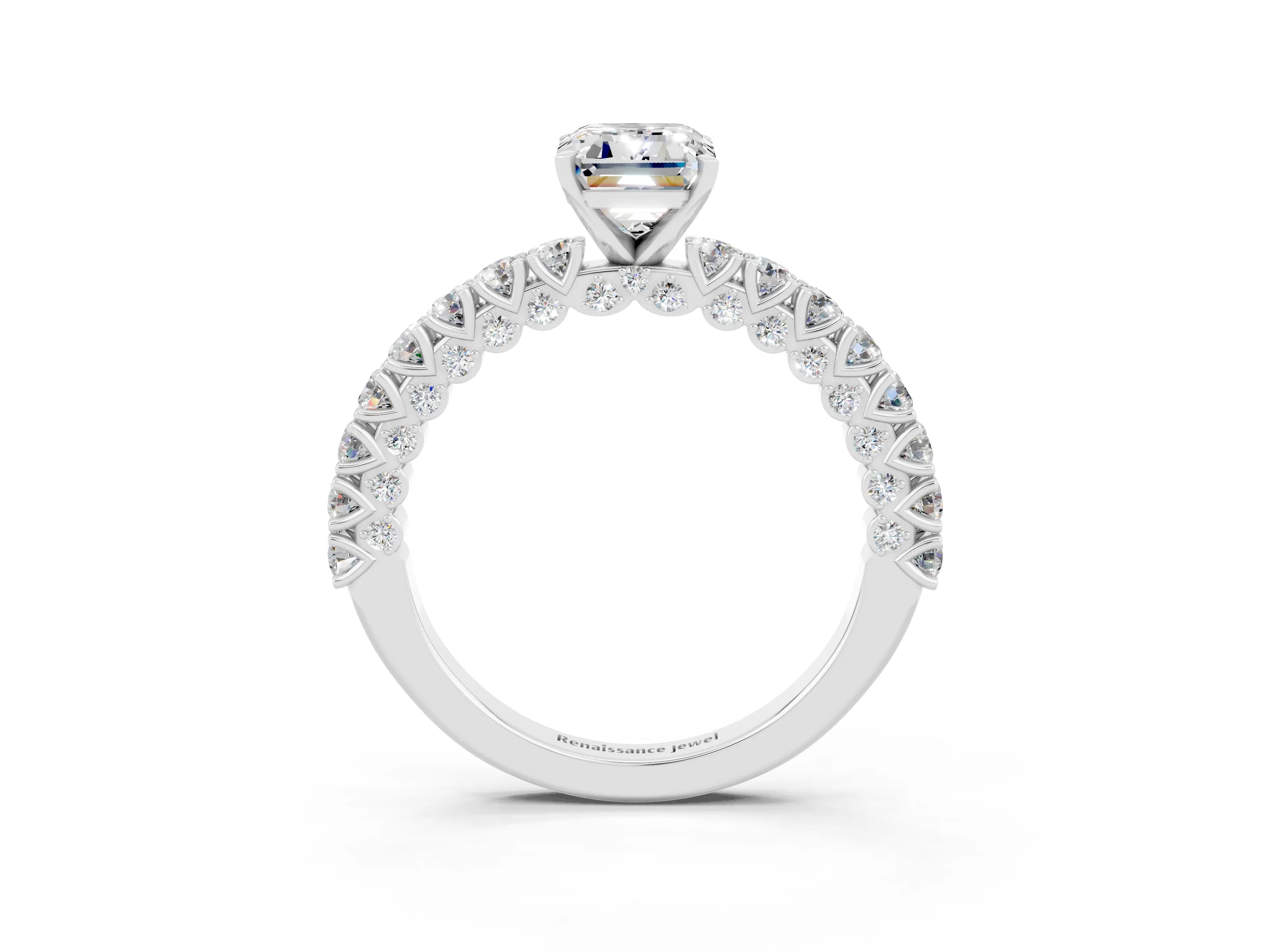 White gold Emerald Cut Diamond Pavé Band Solitaire Ring with Prong Setting_3