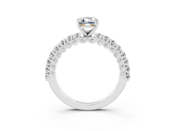 Silver Emerald Cut Diamond Pavé Band Solitaire Ring with Prong Setting