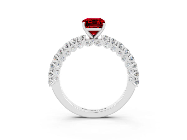 White gold Emerald Cut Diamond Pavé Band Solitaire Ring with Prong Setting