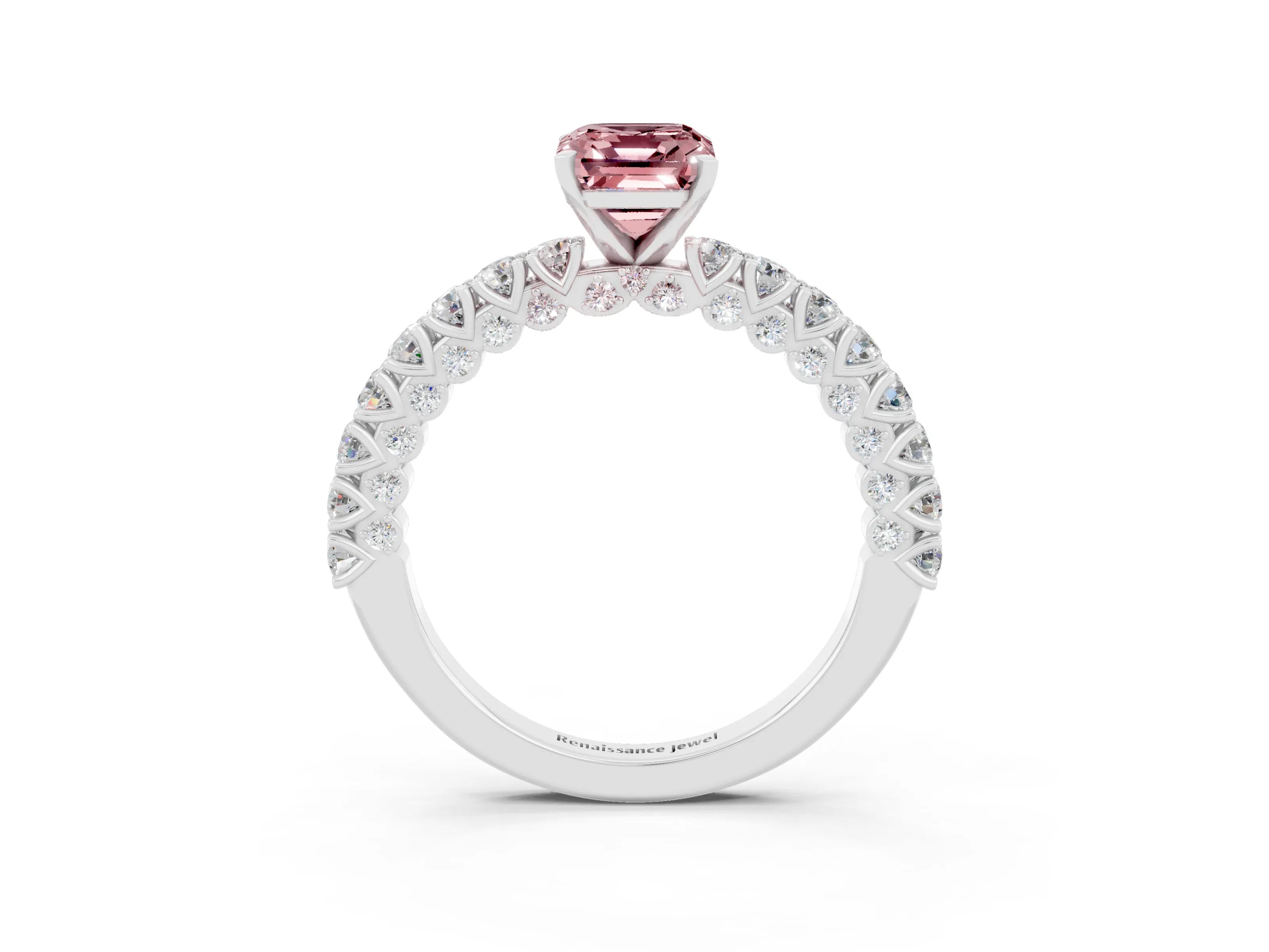 White gold Emerald Cut Diamond Pavé Band Solitaire Ring with Prong Setting_3