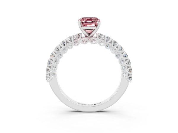 Silver Emerald Cut Diamond Pavé Band Solitaire Ring with Prong Setting