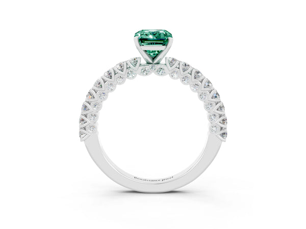 Platinum Emerald Cut Diamond Pavé Band Solitaire Ring with Prong Setting