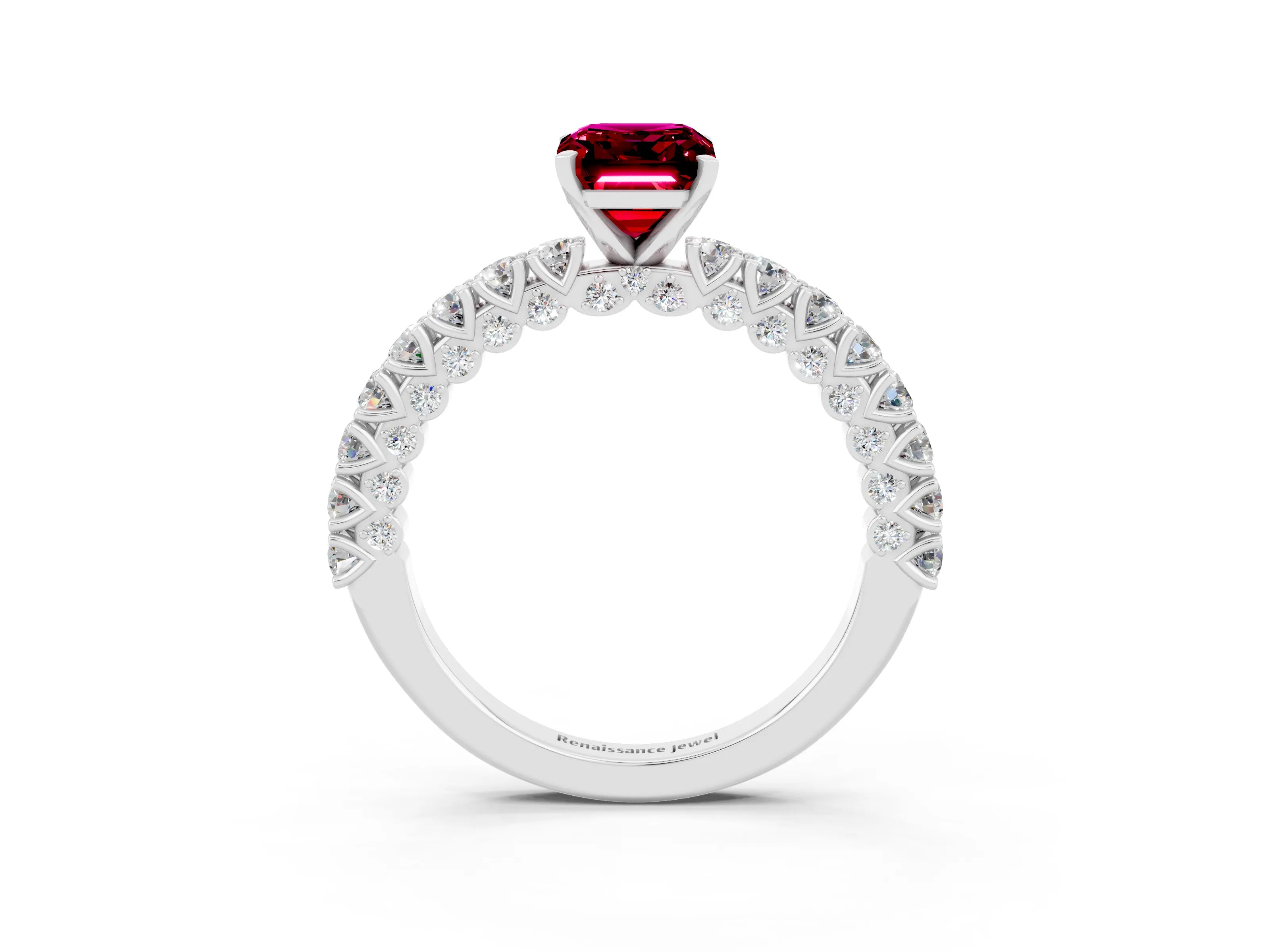 White gold Emerald Cut Diamond Pavé Band Solitaire Ring with Prong Setting_3