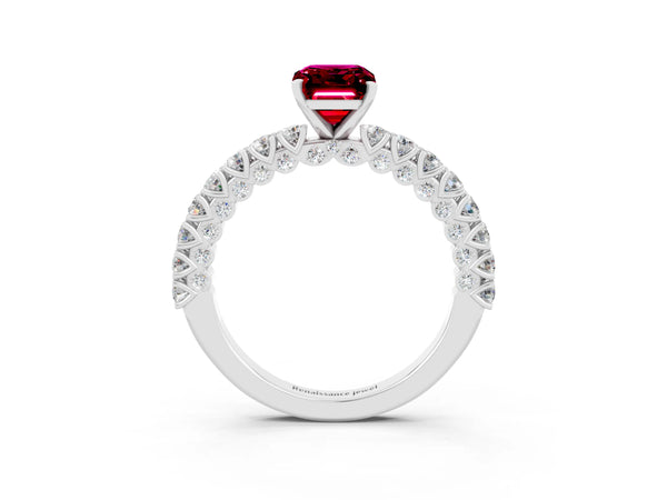 Platinum Emerald Cut Diamond Pavé Band Solitaire Ring with Prong Setting