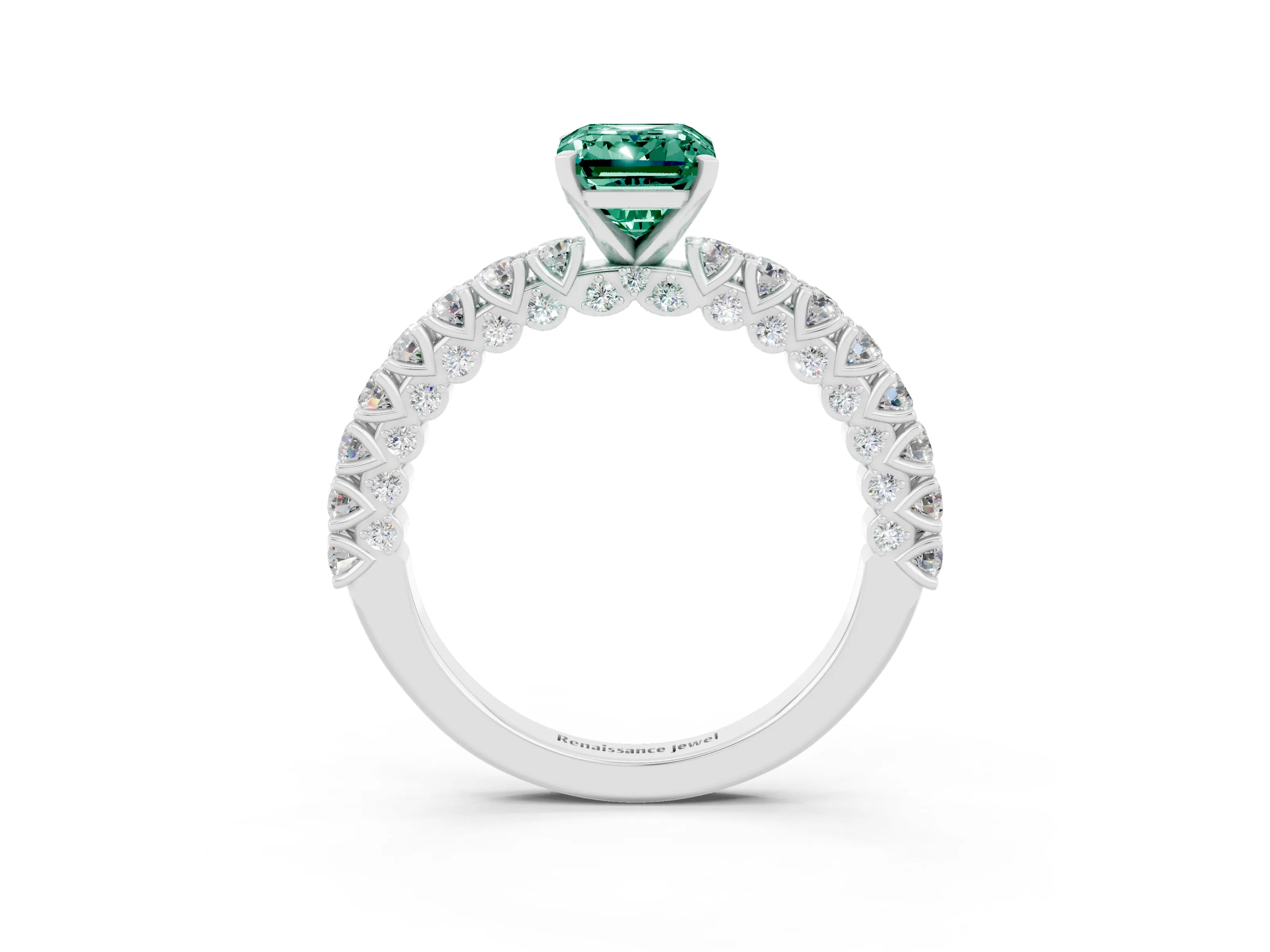 White gold Emerald Cut Diamond Pavé Band Solitaire Ring with Prong Setting_3
