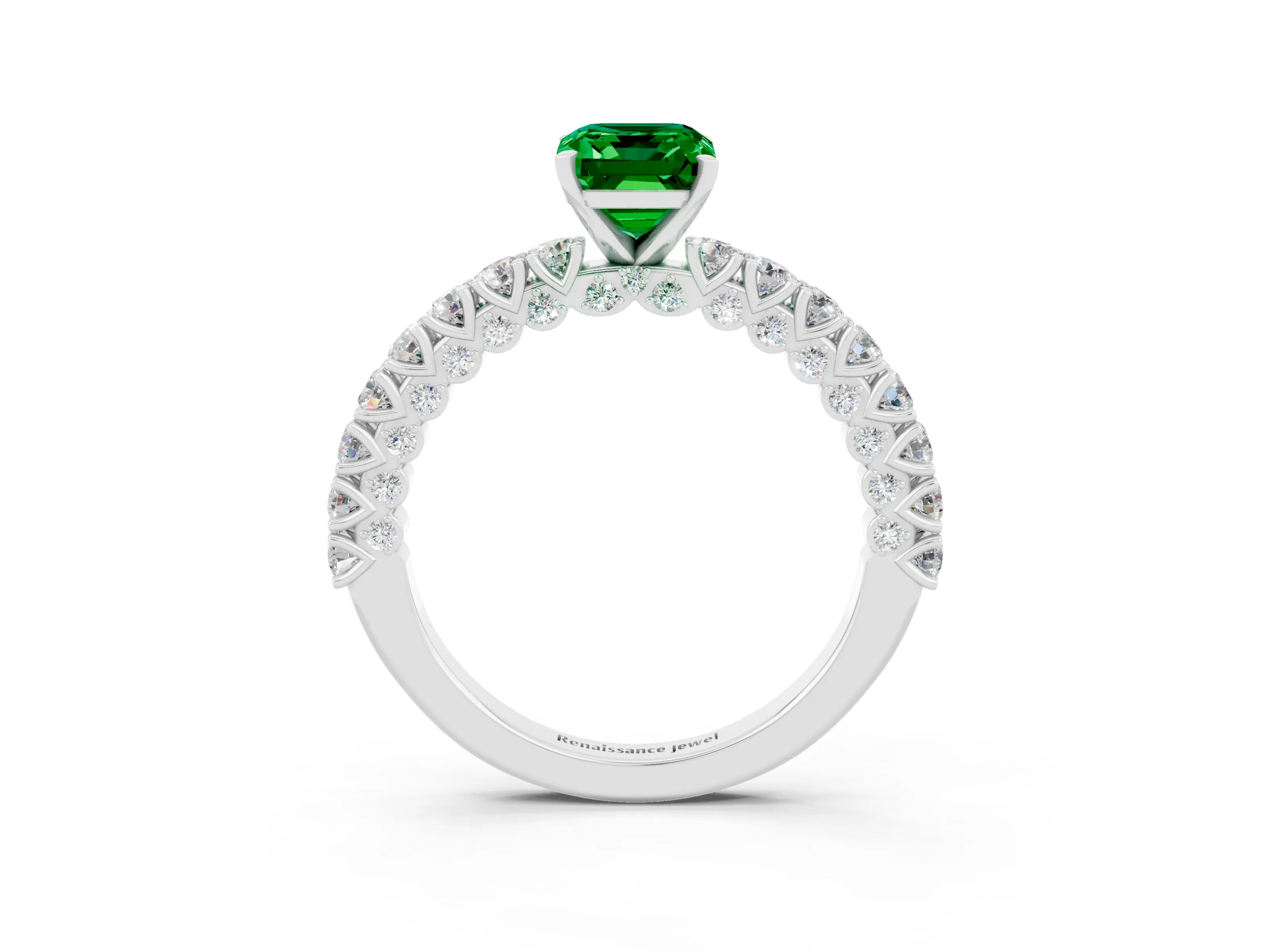 White gold Emerald Cut Diamond Pavé Band Solitaire Ring with Prong Setting_3