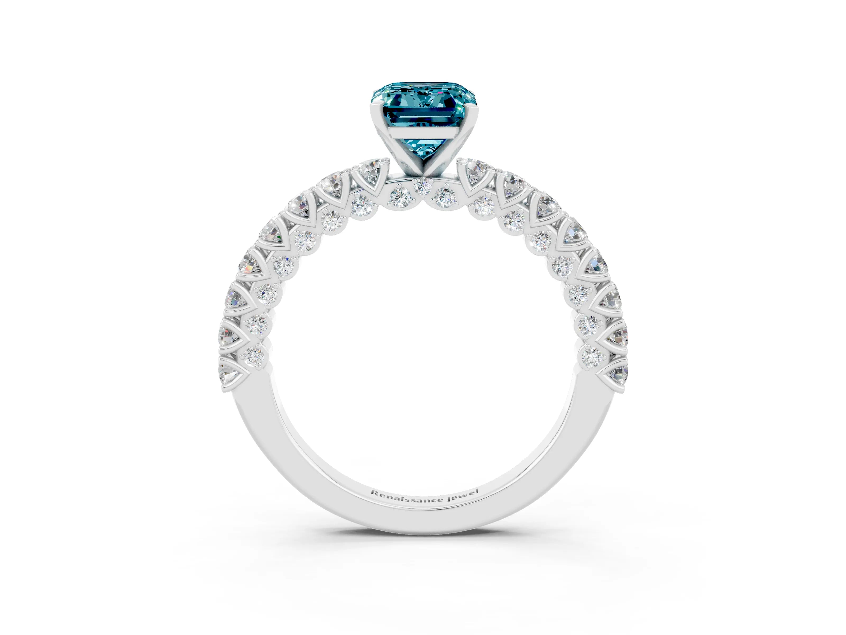 White gold Emerald Cut Diamond Pavé Band Solitaire Ring with Prong Setting_3