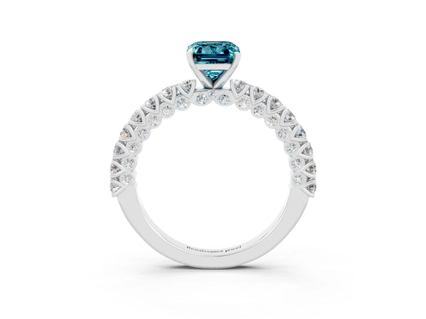 Platinum Emerald Cut Diamond Pavé Band Solitaire Ring with Prong Setting