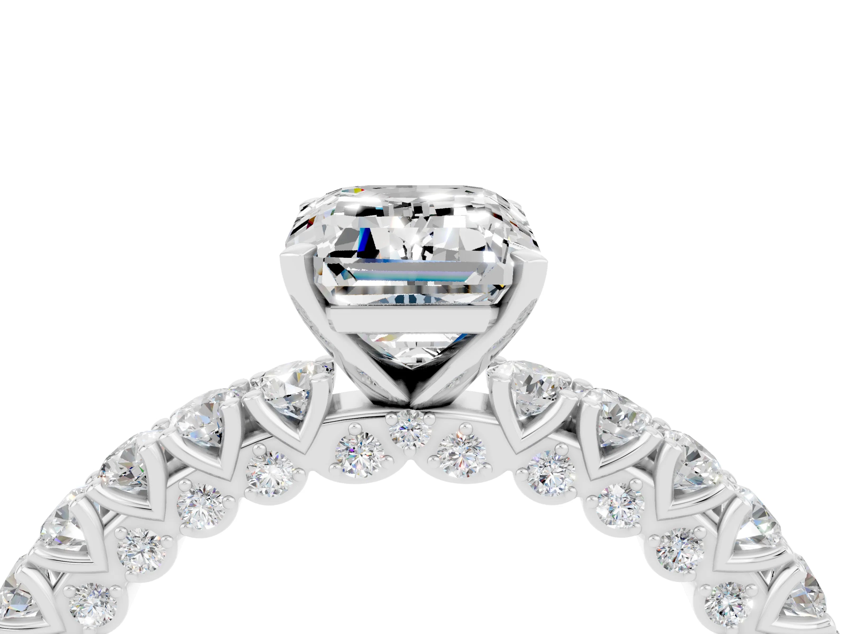 White gold Emerald Cut Diamond Pavé Band Solitaire Ring with Prong Setting_4