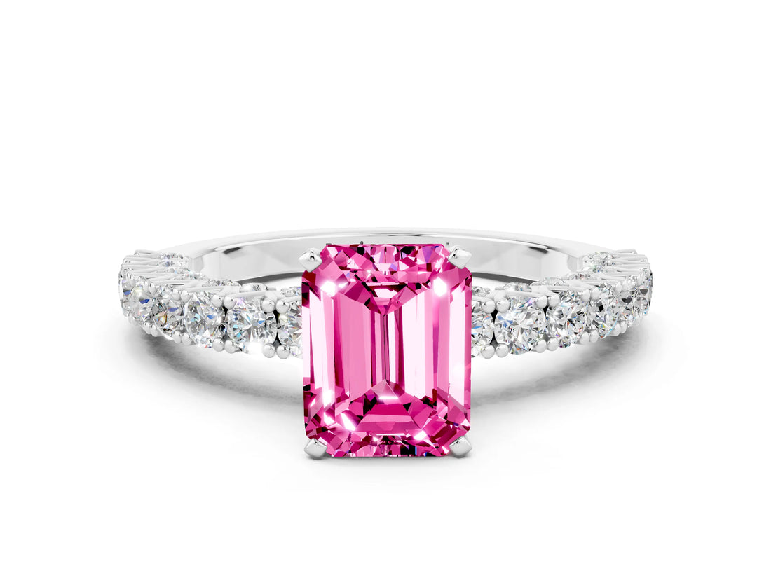 White gold Emerald Cut Diamond Pavé Band Solitaire Ring with Prong Setting