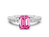 White gold Emerald Cut Diamond Pavé Band Solitaire Ring with Prong Setting