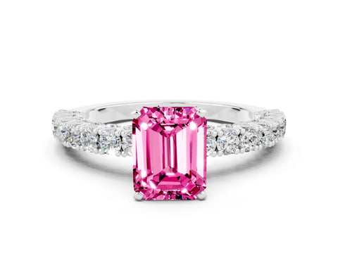 White gold Emerald Cut Diamond Pavé Band Solitaire Ring with Prong Setting