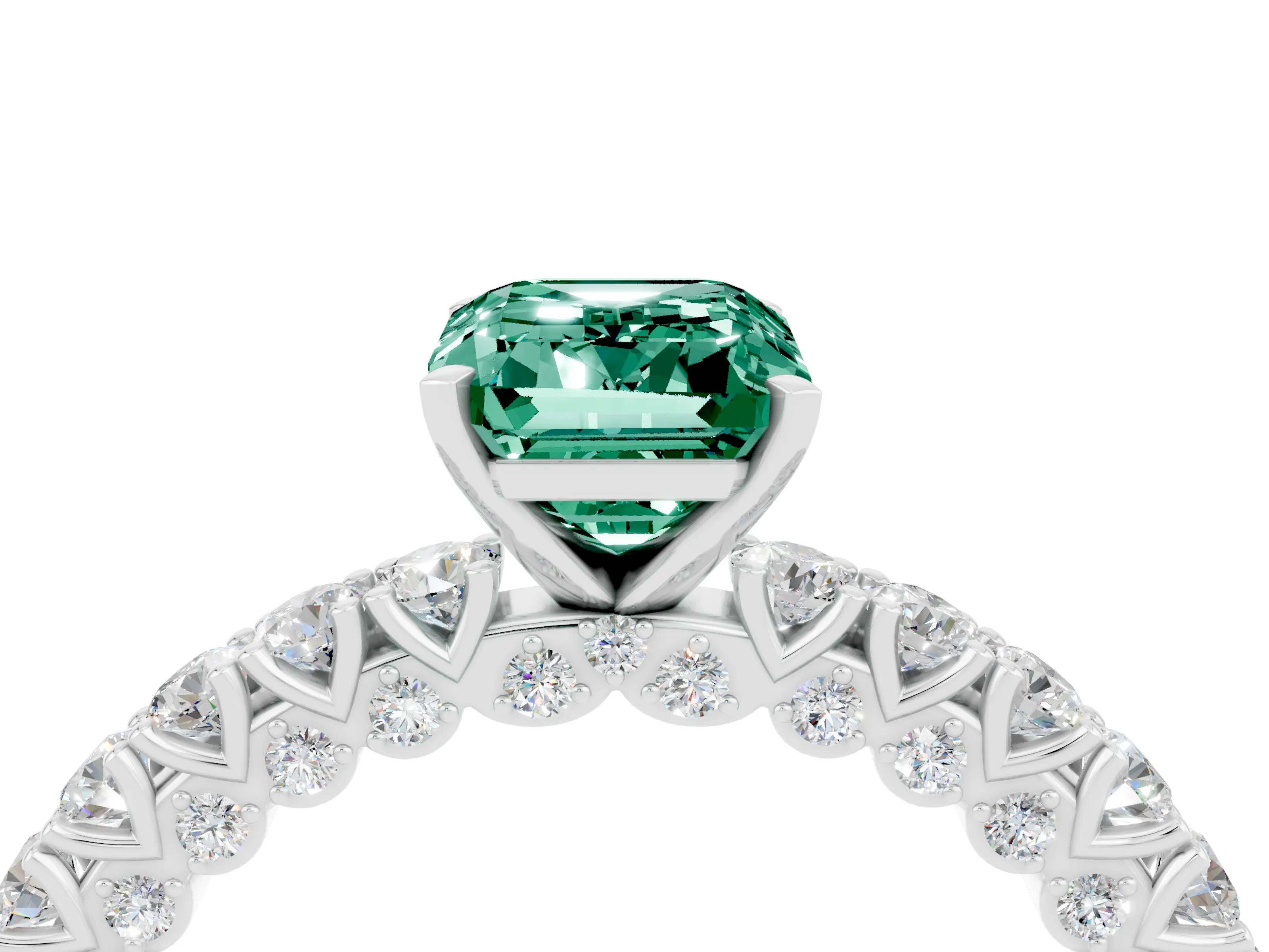 White gold Emerald Cut Diamond Pavé Band Solitaire Ring with Prong Setting_4