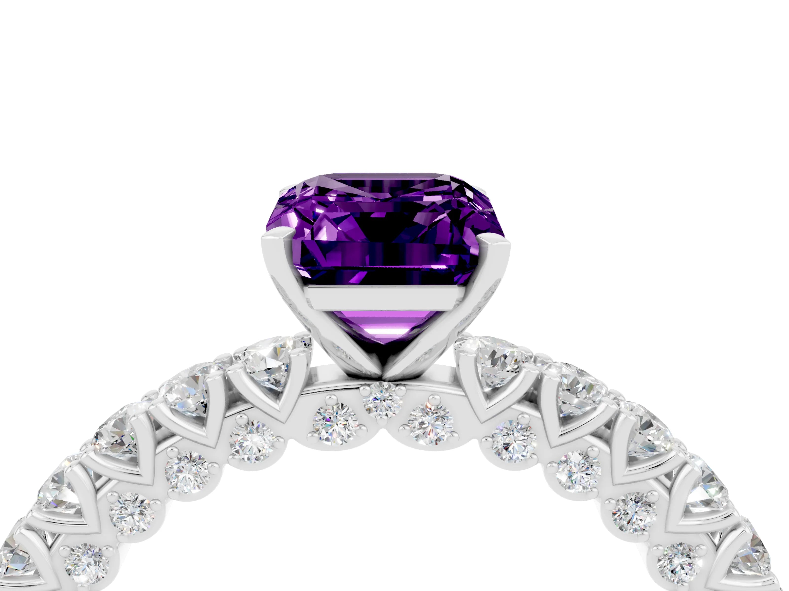 White gold Emerald Cut Diamond Pavé Band Solitaire Ring with Prong Setting_4