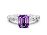 White gold Emerald Cut Diamond Pavé Band Solitaire Ring with Prong Setting