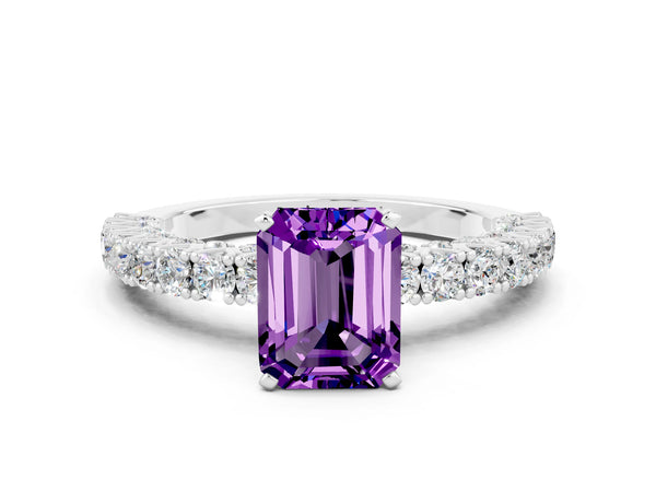 Platinum Emerald Cut Amethyst Solitaire Ring with Round Accent Pavé Band and Prong Setting