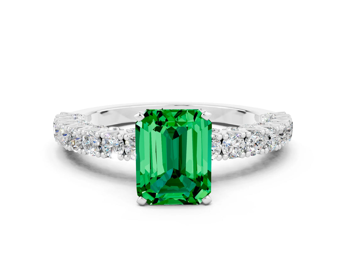 White gold Emerald Cut Diamond Pavé Band Solitaire Ring with Prong Setting