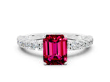 White gold Emerald Cut Diamond Pavé Band Solitaire Ring with Prong Setting