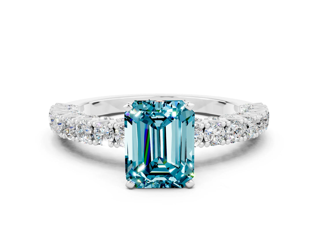 White gold Emerald Cut Diamond Pavé Band Solitaire Ring with Prong Setting