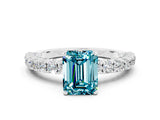 White gold Emerald Cut Diamond Pavé Band Solitaire Ring with Prong Setting