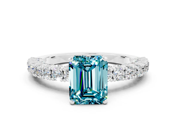 Silver Emerald Cut Diamond Pavé Band Solitaire Ring with Prong Setting