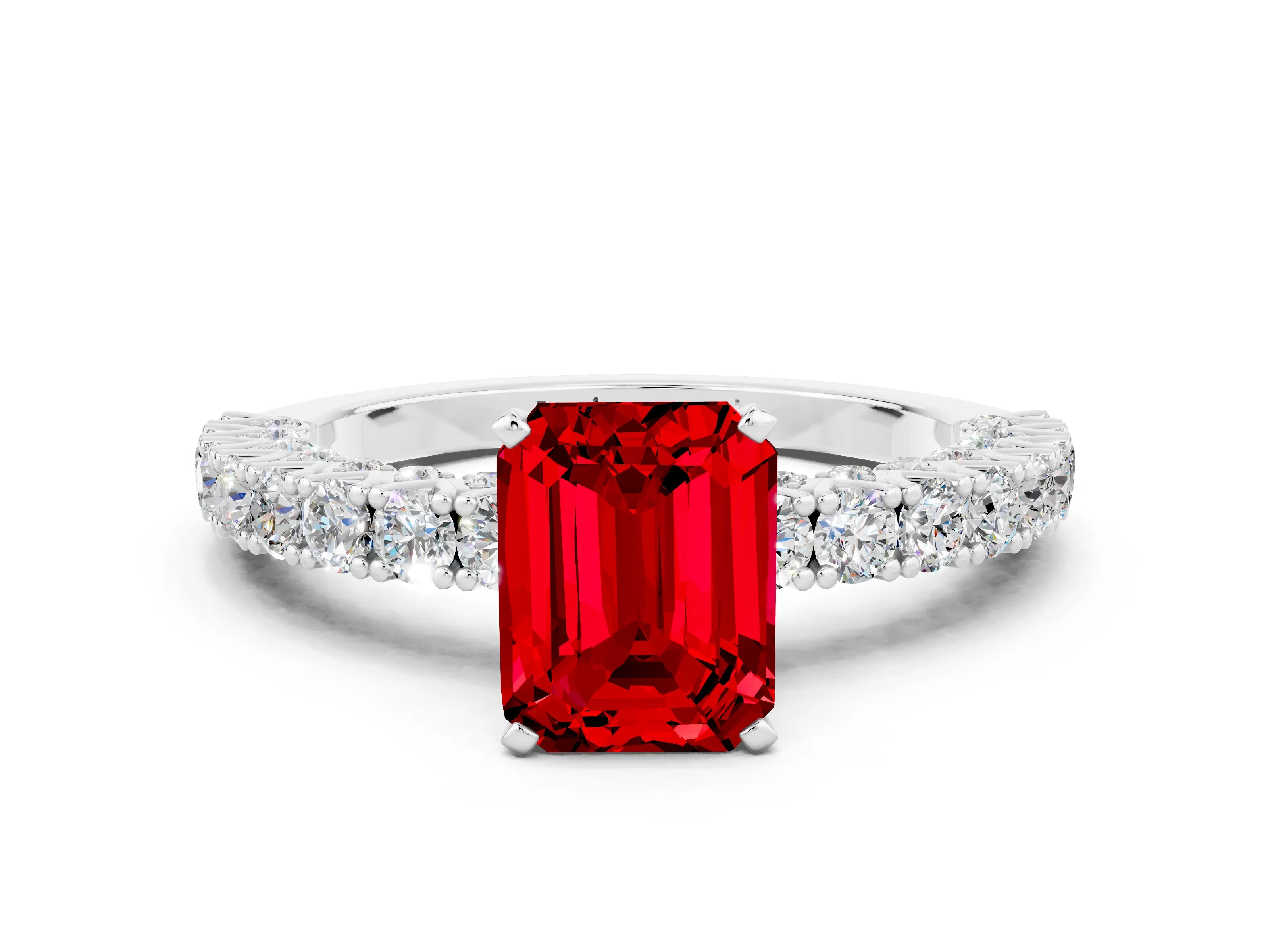 White gold Emerald Cut Diamond Pavé Band Solitaire Ring with Prong Setting