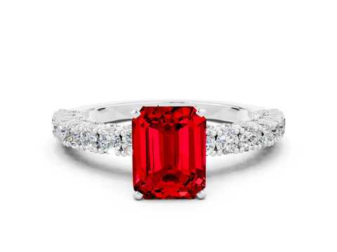 White gold Emerald Cut Diamond Pavé Band Solitaire Ring with Prong Setting