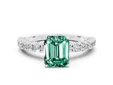 White gold Emerald Cut Diamond Pavé Band Solitaire Ring with Prong Setting