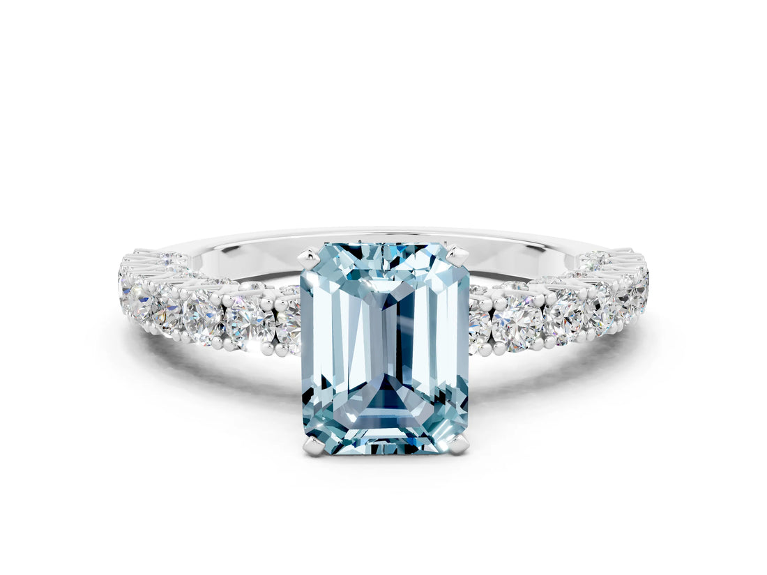 White gold Emerald Cut Diamond Pavé Band Solitaire Ring with Prong Setting