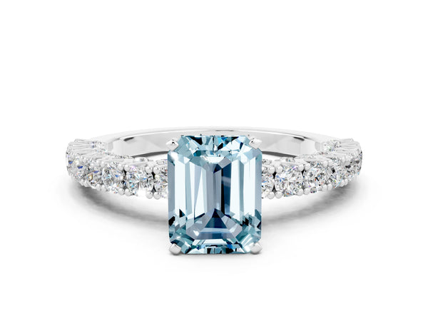 White gold Emerald Cut Diamond Pavé Band Solitaire Ring with Prong Setting