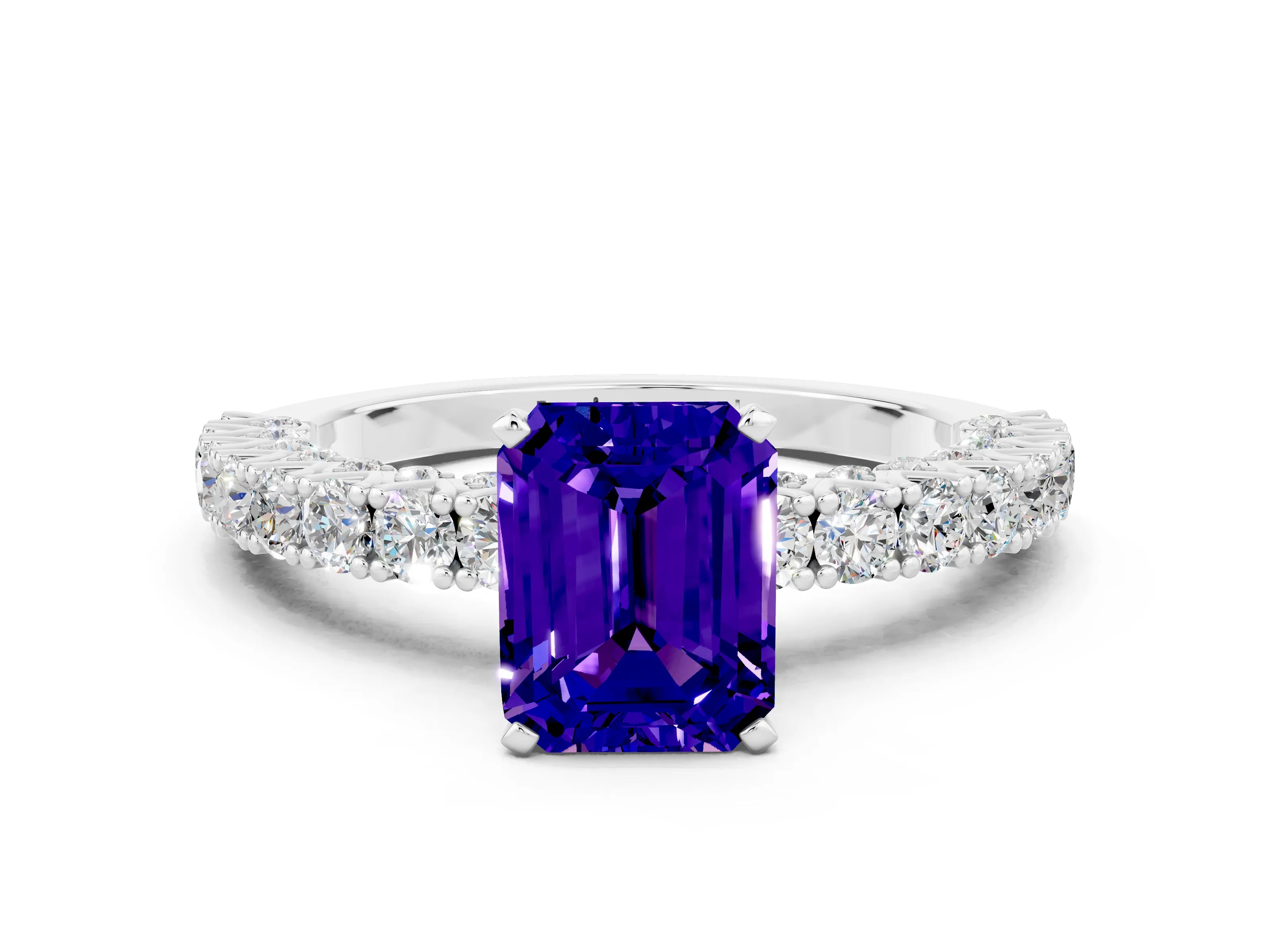 White gold Emerald Cut Diamond Pavé Band Solitaire Ring with Prong Setting