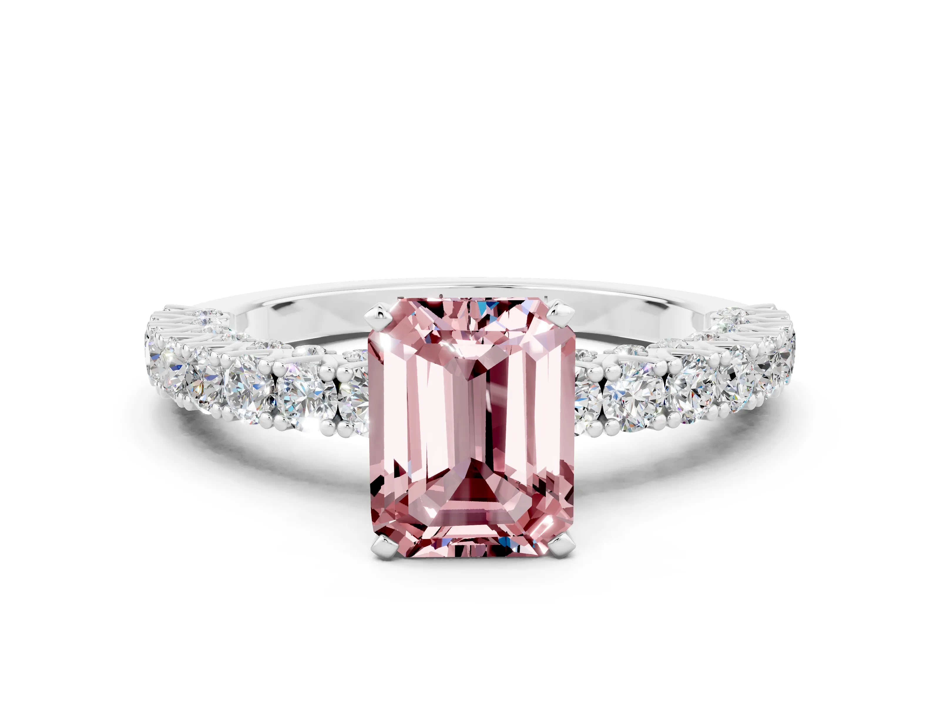 White gold Emerald Cut Diamond Pavé Band Solitaire Ring with Prong Setting