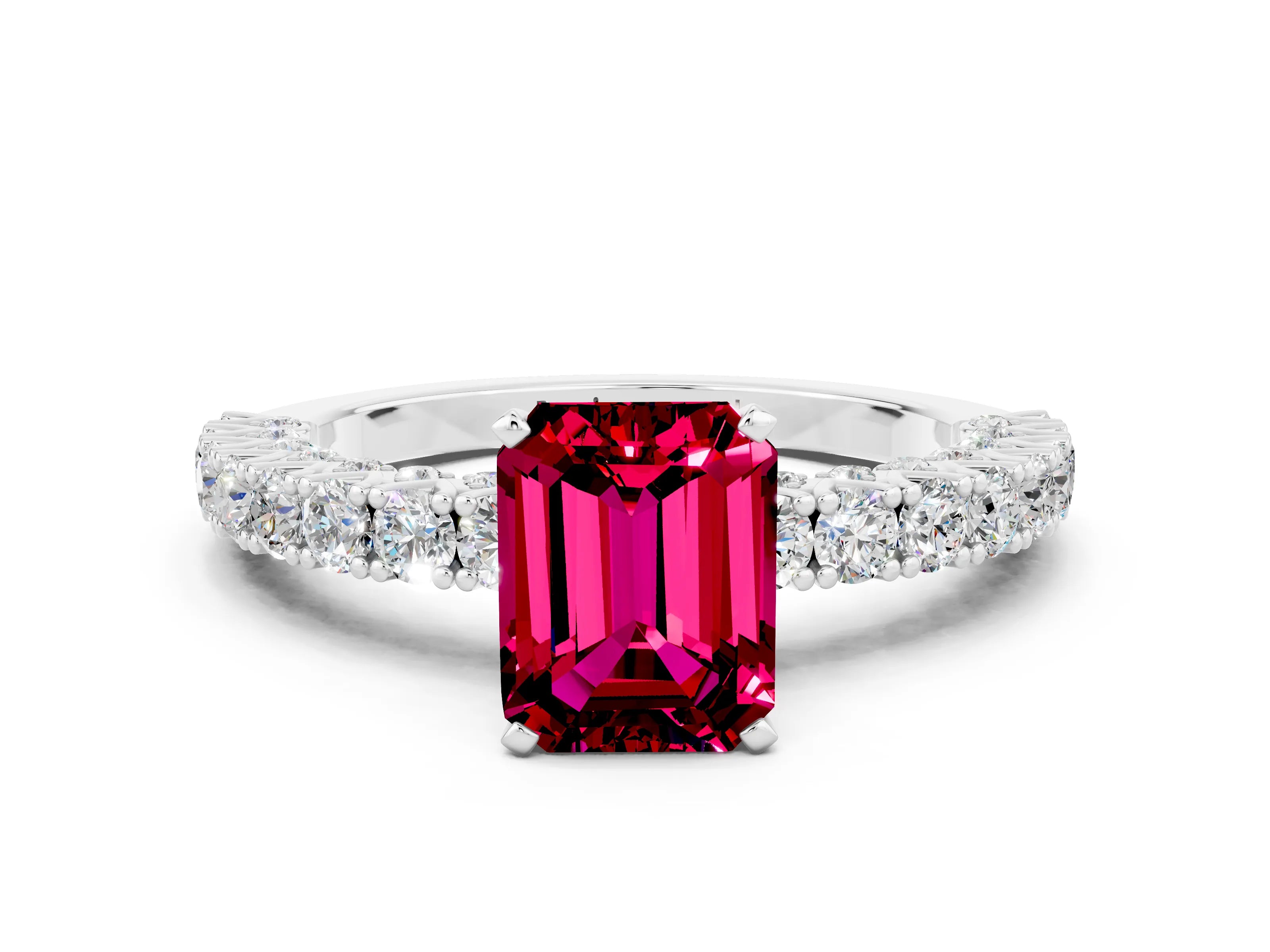 White gold Emerald Cut Diamond Pavé Band Solitaire Ring with Prong Setting