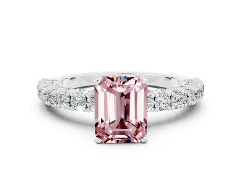 White gold Emerald Cut Diamond Pavé Band Solitaire Ring with Prong Setting