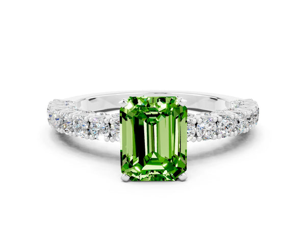 White gold Emerald Cut Diamond Pavé Band Solitaire Ring with Prong Setting