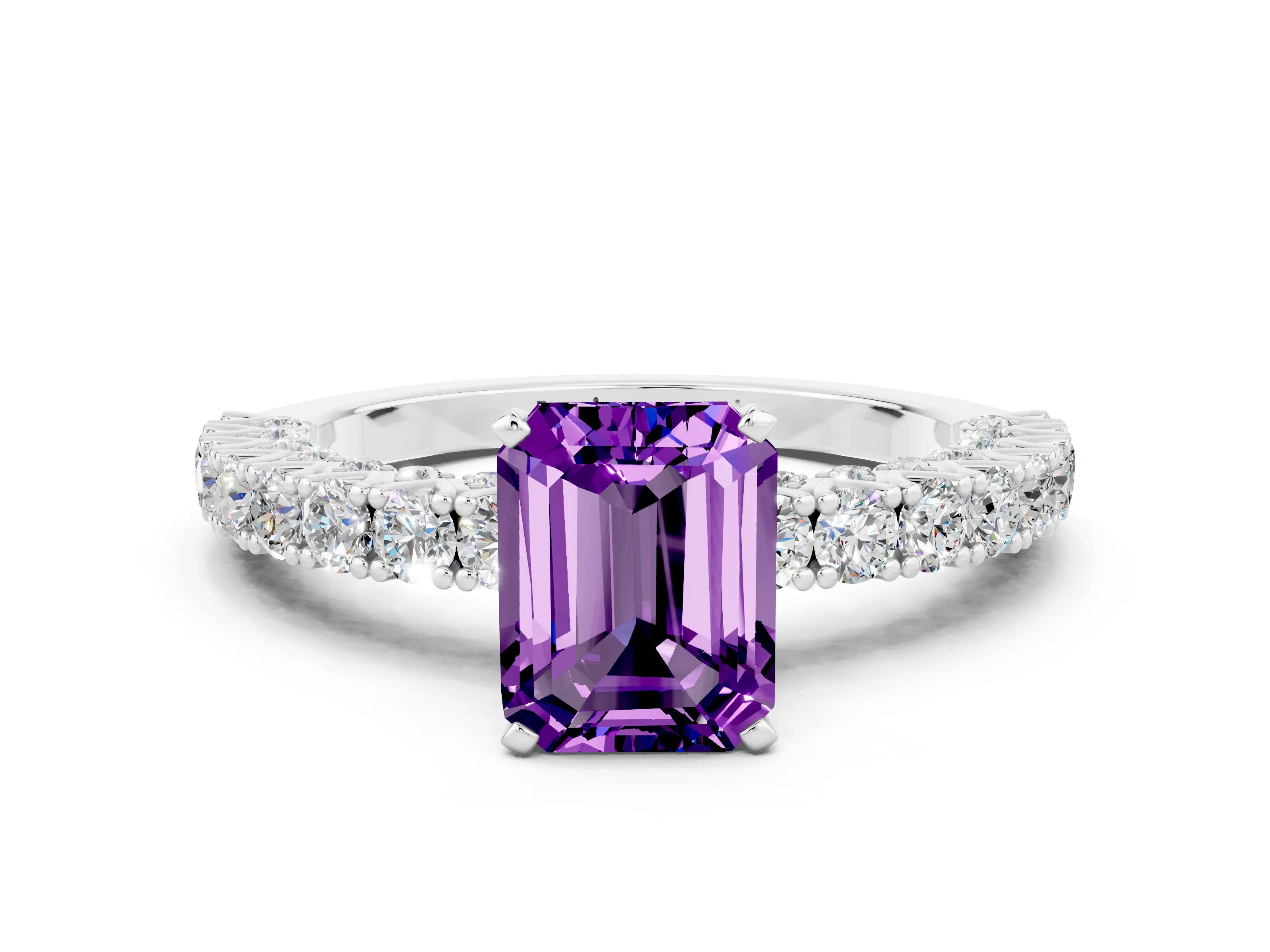 White gold Emerald Cut Diamond Pavé Band Solitaire Ring with Prong Setting