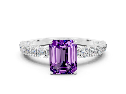 White gold Emerald Cut Diamond Pavé Band Solitaire Ring with Prong Setting