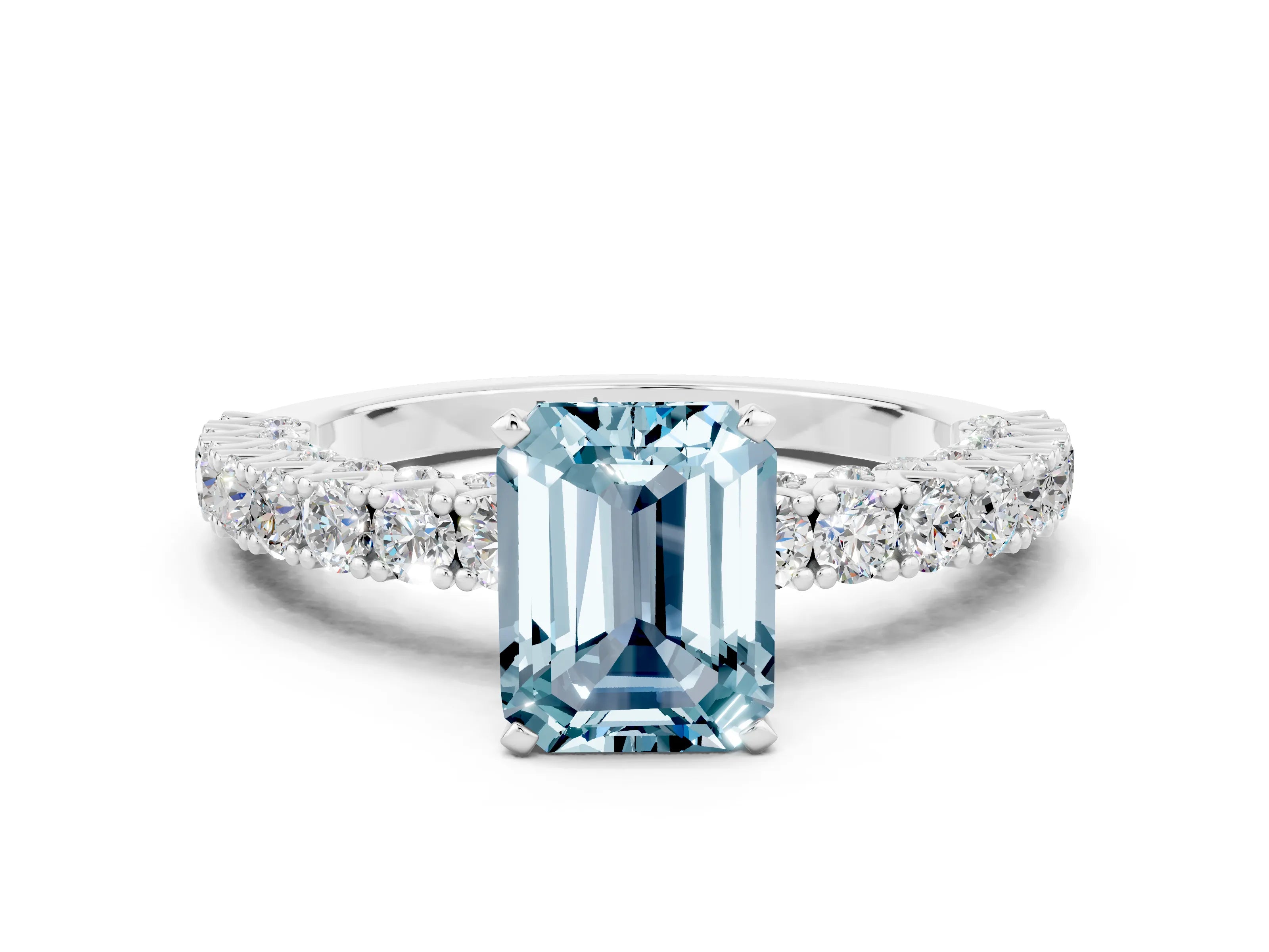 White gold Emerald Cut Diamond Pavé Band Solitaire Ring with Prong Setting