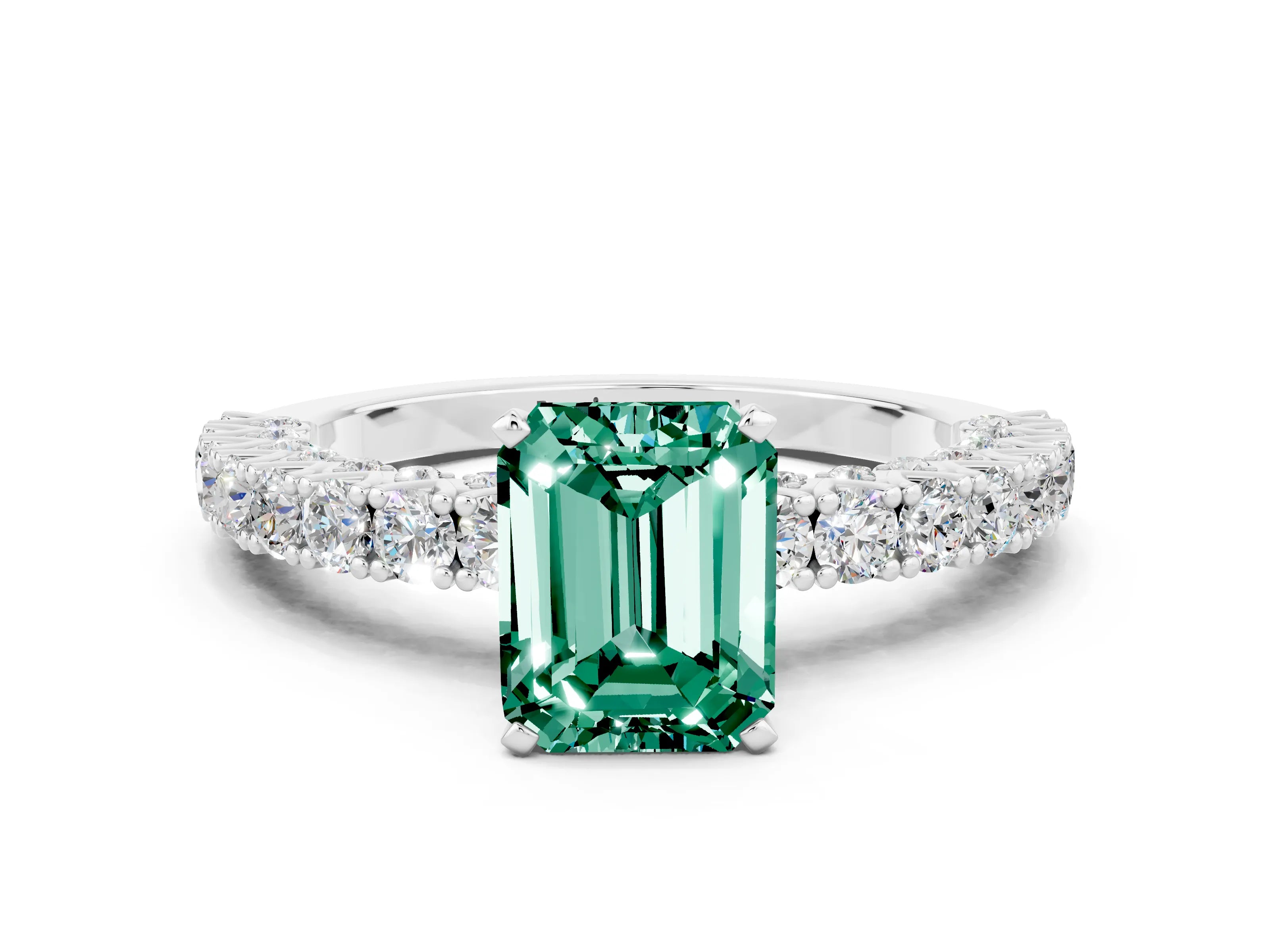 White gold Emerald Cut Diamond Pavé Band Solitaire Ring with Prong Setting